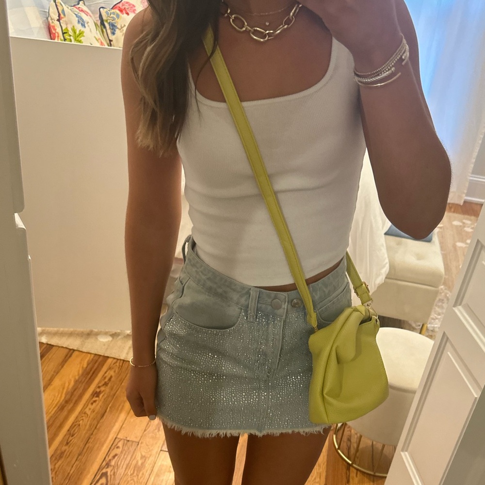 By The Way Rainbow Rhinestone Denim Mini Skirt